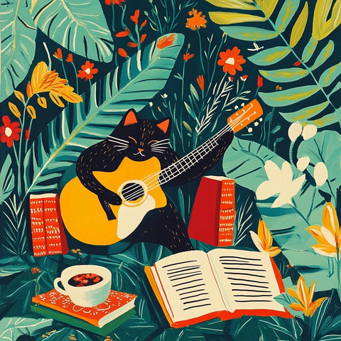 音乐吉他漫画书猫自然插画