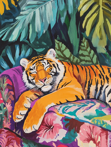 老虎睡在彩色沙发与植物背景