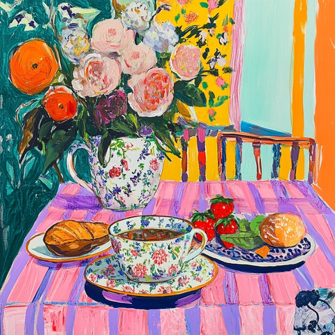 祖母茶杯花卉静物画