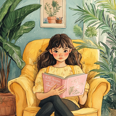 女孩坐椅看书棕榈树