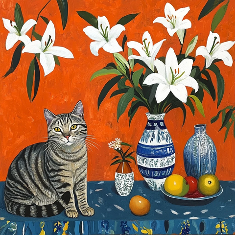 灰猫桌前白百合水果静物