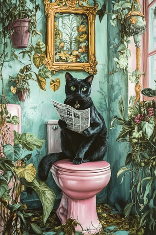 黑猫坐粉色马桶读报纸