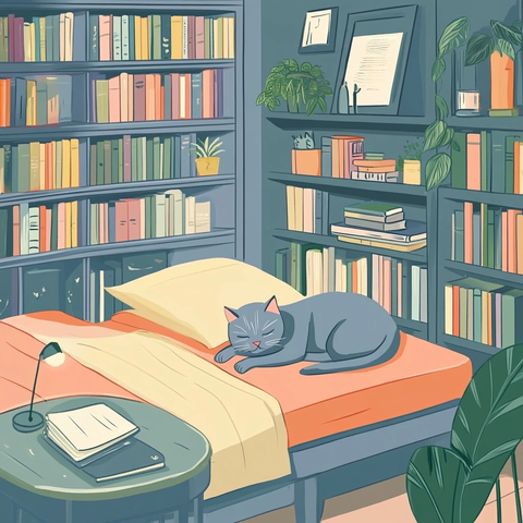 温馨卧室带猫咪图书馆