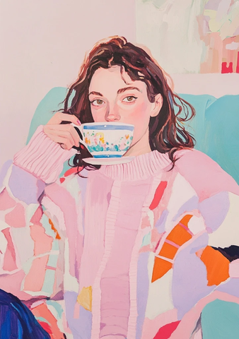 女人毛衣茶杯绘画