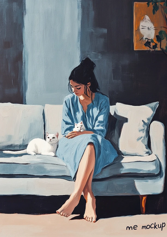 女子与白猫沙发阅读