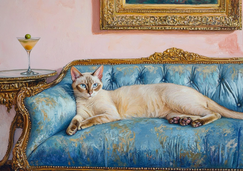 暹罗猫躺古董沙发墙挂金框画