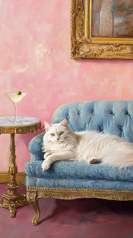 白猫躺蓝金沙发旁有马提尼