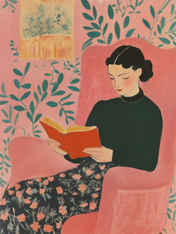 女孩读书粉色椅子插画