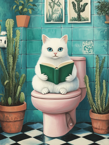 白猫读绿书坐粉红马桶