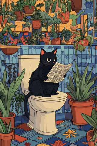 黑猫读报纸坐马桶瓷砖墙
