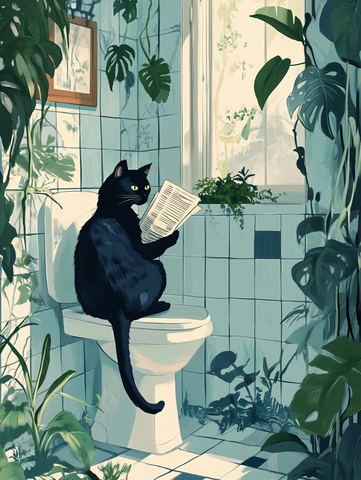 黑猫读报绿色植物浴室