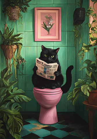 黑猫读报静坐粉色马桶