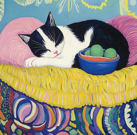 黑白猫卧毯上玩彩色毛线