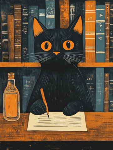 猫坐书桌写作用具齐全