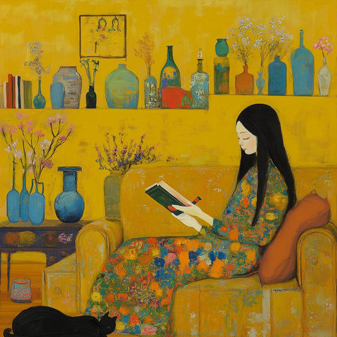 长发文艺女子与黑猫读书