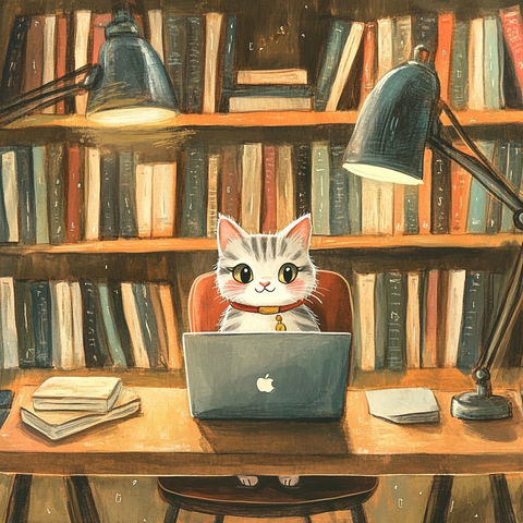 猫咪坐椅用笔记本翻书桌