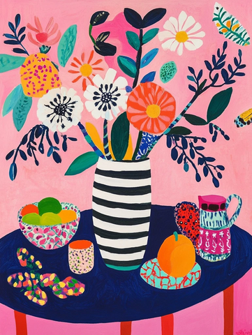 条纹花瓶与果盘静物画