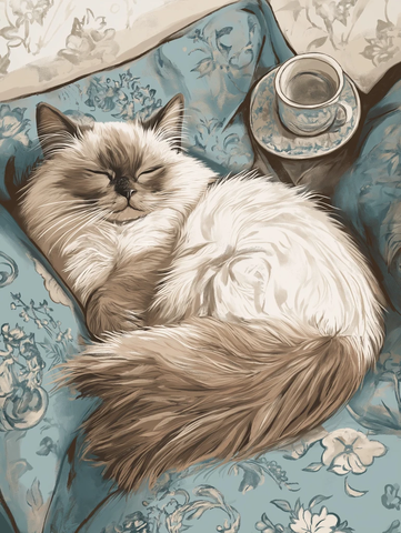 奶奶风格软垫上的蓝眼白猫