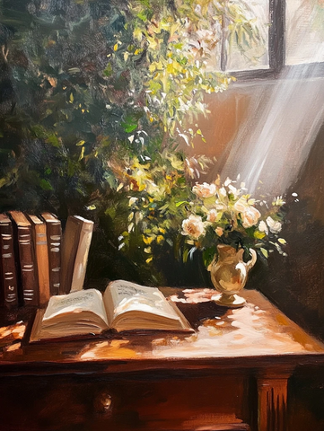 安静书房绿植油画