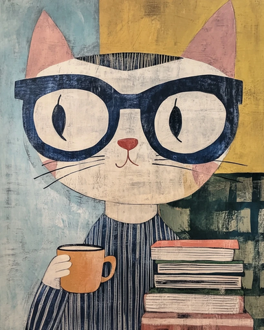 猫咪戴眼镜喝咖啡伴书堆
