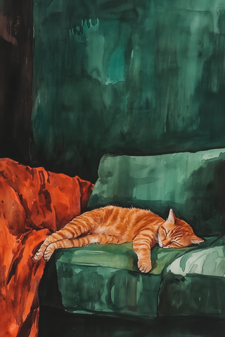 橘猫睡在绿色沙发上