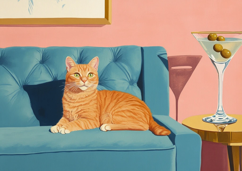 橘猫蓝沙发粉背景插画