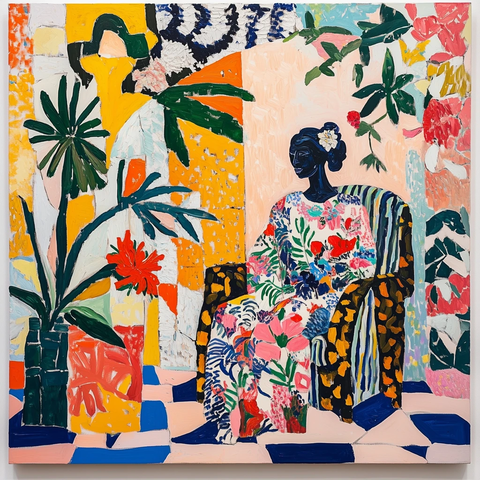 花纹布艺椅上女子肖像