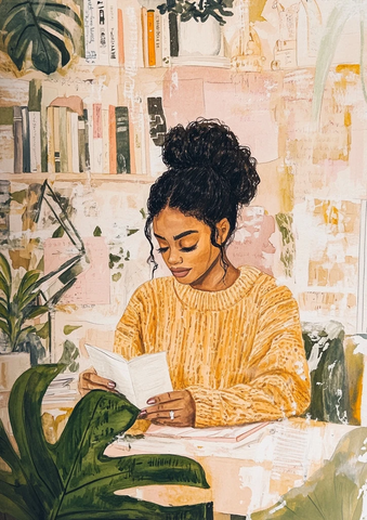 黑发女孩桌前读信