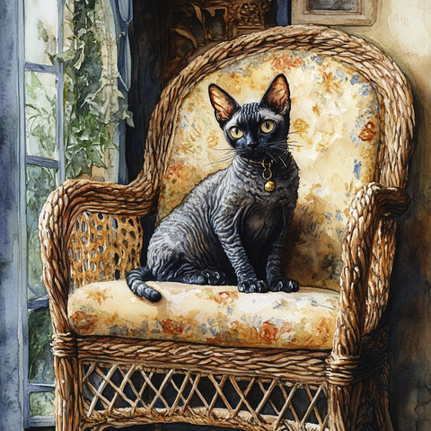 水彩画中古椅与黑猫