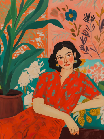 女人红衣读书沙发植物