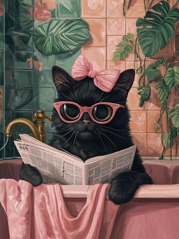 黑猫戴墨镜浴缸读报