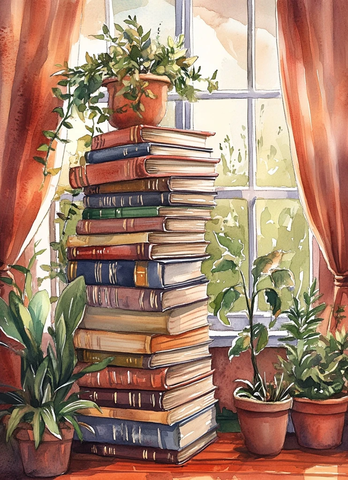 书堆阳光植物水彩插画