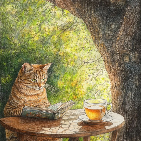 阳光下猫咪读书喝茶