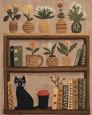 丝线绣花木书架与黑猫