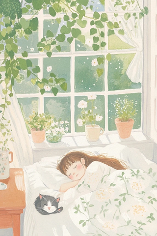 女孩床上午睡猫咪陪伴