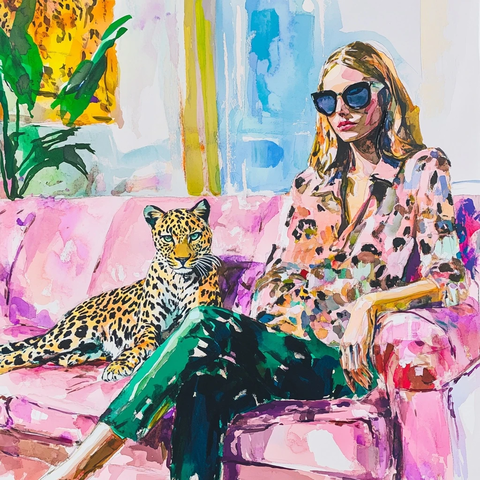 女郎与豹沙发水彩画