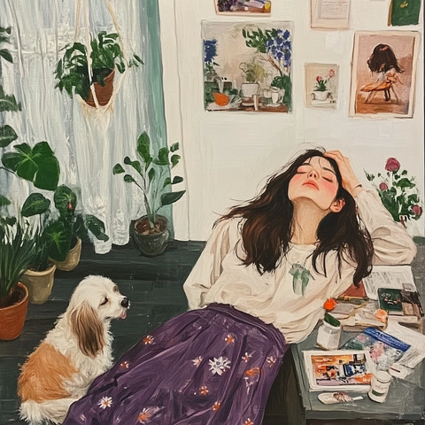 女孩晨起梳洗小狗陪伴