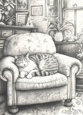 猫咪躺椅客厅铅笔素描