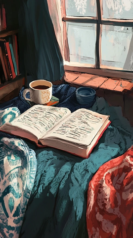 书本毛毯茶杯温馨角落