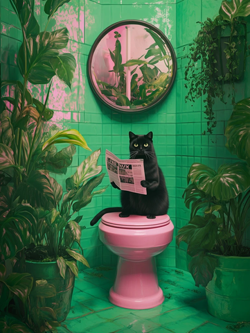 黑猫坐粉色马桶读报纸
