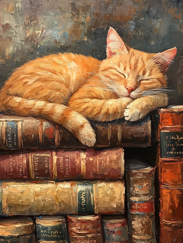 橘猫睡在旧书堆上
