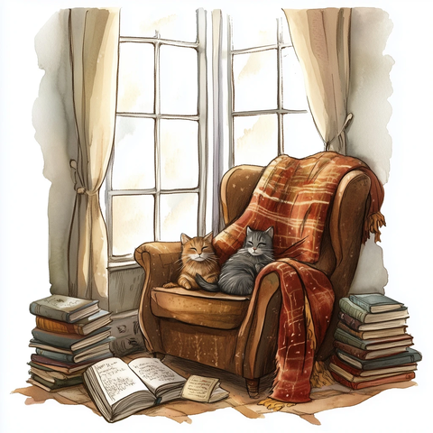 书堆旁的猫咪阅读角