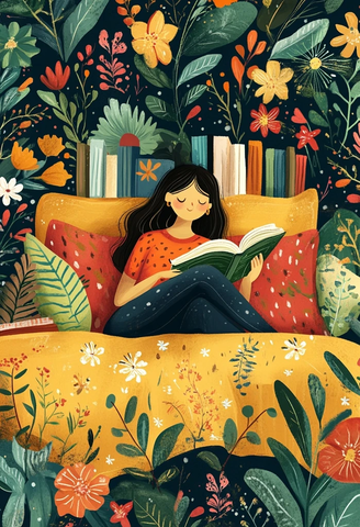 女孩读书沙发植物书本插画