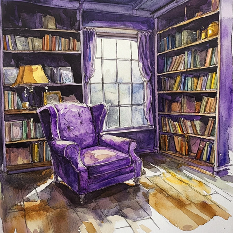紫色房间窗边书架与扶手椅