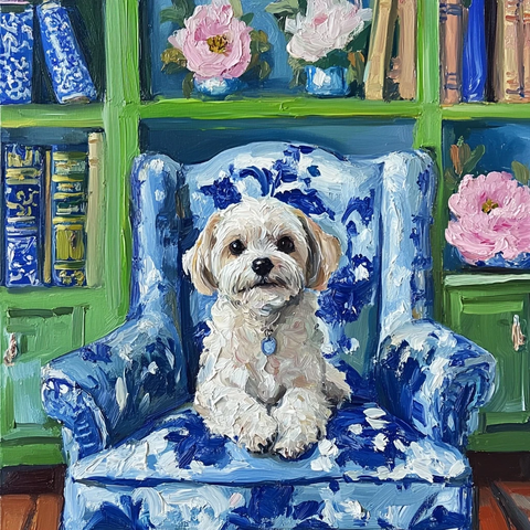 狗狗坐椅子书柜牡丹花