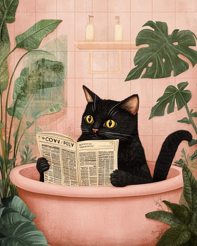 黑猫浴缸读报纸