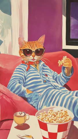 橙猫穿睡衣戴墨镜吃爆米花