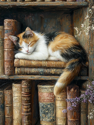 木书架上的花斑猫与旧书