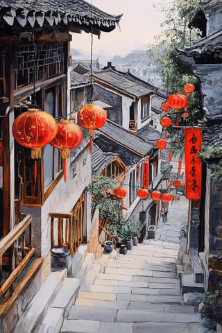 灯笼古巷画