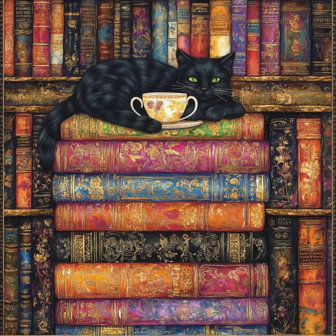 黑猫书堆与壁纸装饰